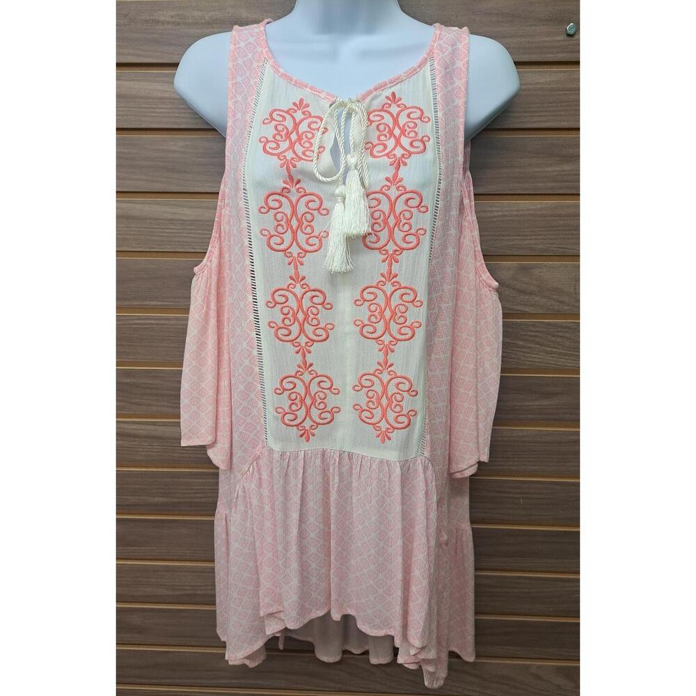 NEW SOIEBLU women's cold shoulder pink embroidered tunic in pink